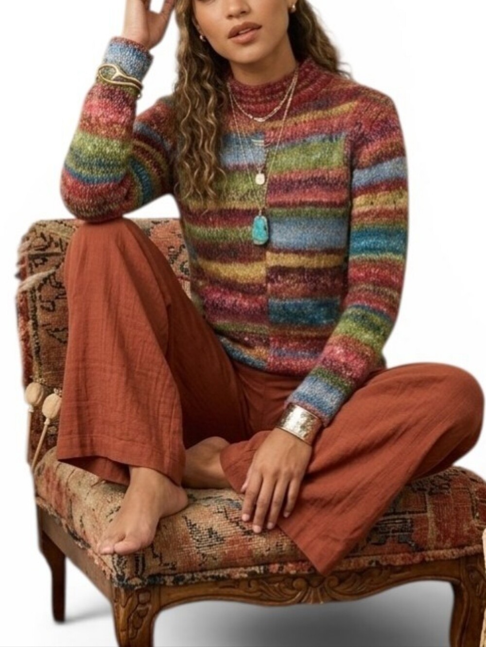Boho Vintage Real Comfort Mock Neck Chunky Knit Striped Sweater Medium Retro M